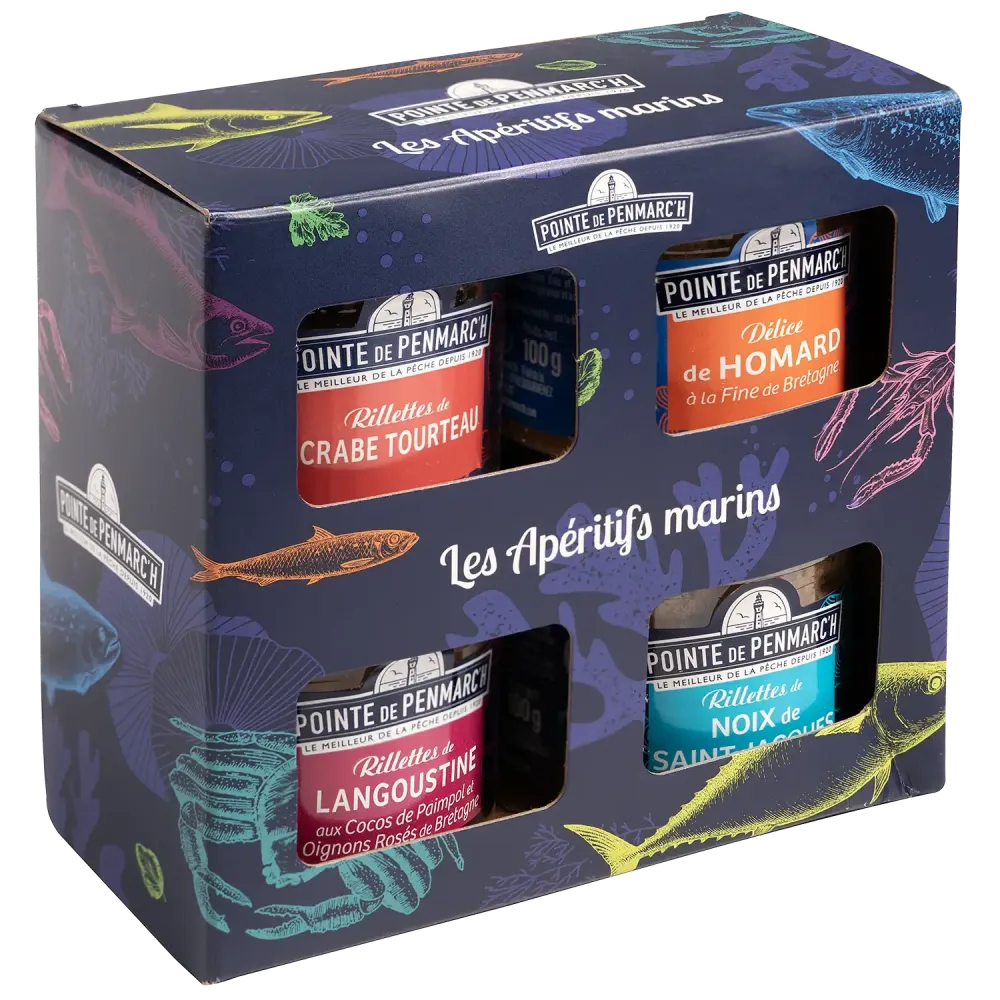 Coffret de 4 rillettes de coquillages et crustacés Saint-Jacques, crabe, homard, langoustine en verrine | Pointe de Penmarc'h