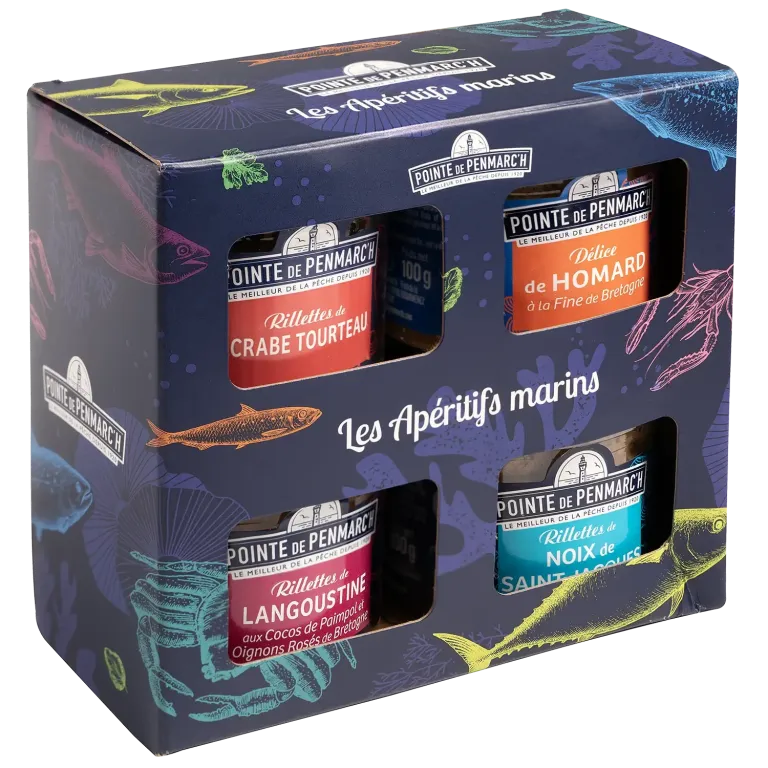 Coffret de 4 rillettes de coquillages et crustacés Saint-Jacques, crabe, homard, langoustine en verrine | Pointe de Penmarc'h
