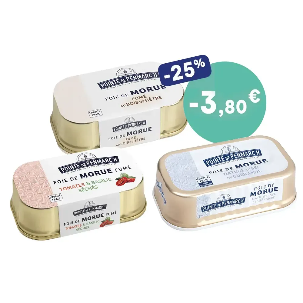 Trio de foie de morue - Fumé, nature et tomates basilic en boîte de conserve | Pointe de Penmarc'h