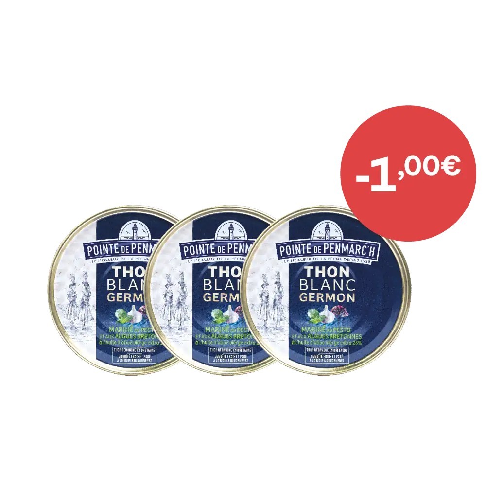 Thon blanc germon mariné au pesto et algues Bretonnes à l'huile d'olive vierge extra - le lot de 3 boîtes de 138 g