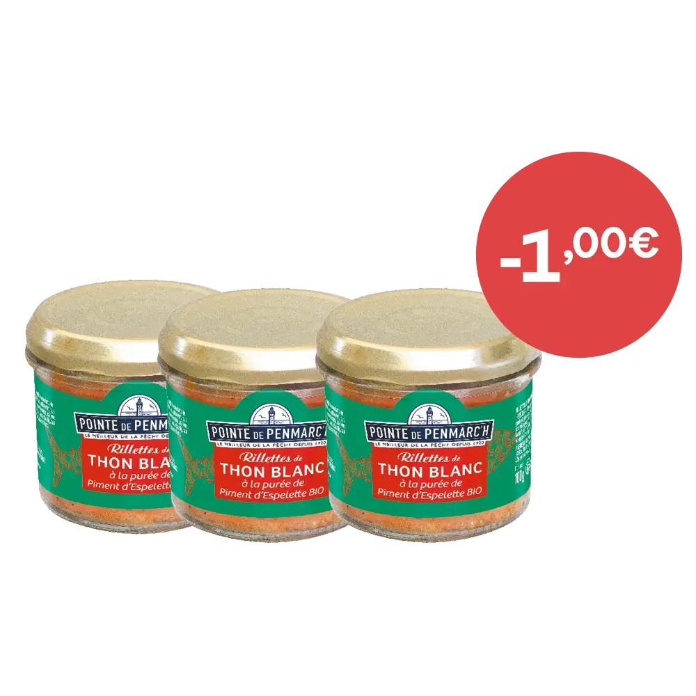 Rillettes de thon blanc à la purée de piment d'Espelette BIO - le lot de 3 verrines de 100 g