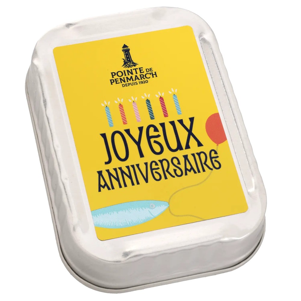 Sardines à l'huile d'olive de collection en boîte de conserve, décor joyeux anniversaire | Pointe de Penmarc'h