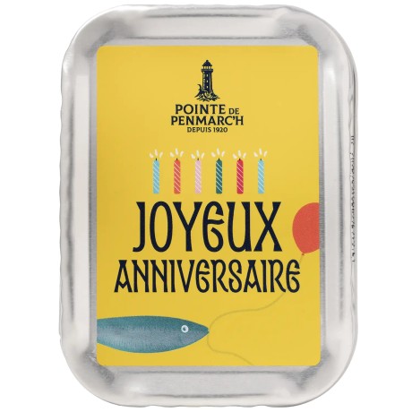 Sardines à l'huile d'olive de collection en boîte de conserve, décor joyeux anniversaire | Pointe de Penmarc'h