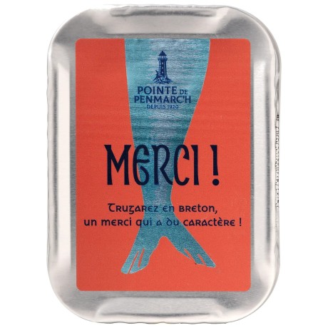 Sardines à l'huile d'olive de collection en boîte de conserve, décor merci  | Pointe de Penmarc'h