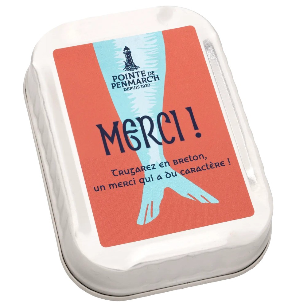 Sardines à l'huile d'olive de collection en boîte de conserve, décor merci  | Pointe de Penmarc'h