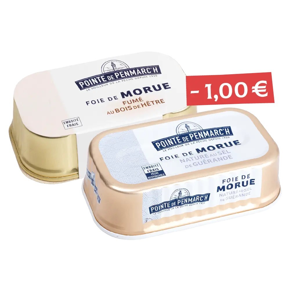 Duo de foie de morue fumé au bois de hêtre et foie de morue nature au sel de Guérande