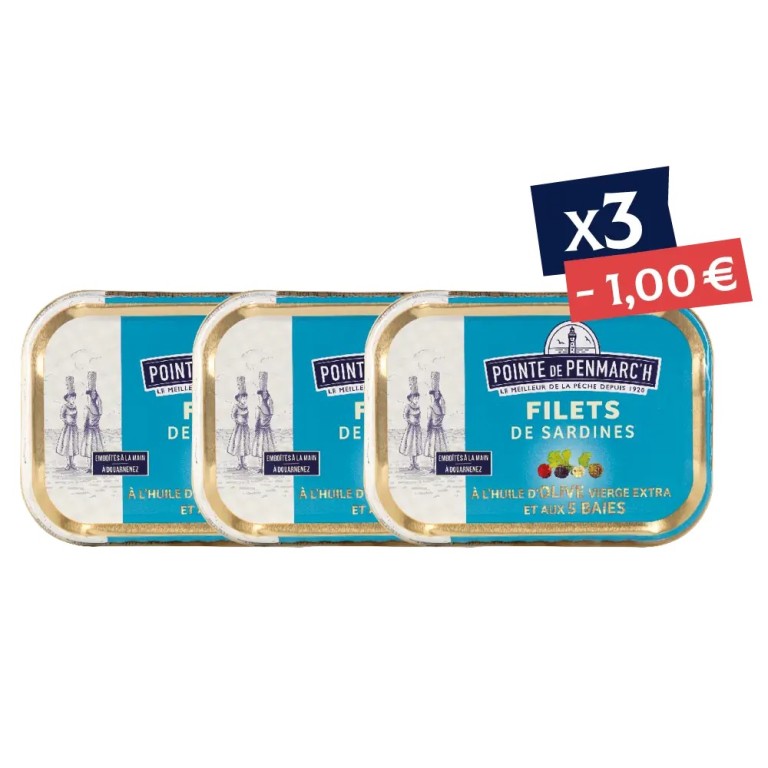 Filets de sardines 5 baies en boîte de conserve - Lot de 3 - Promo | Pointe de Penmarc'h
