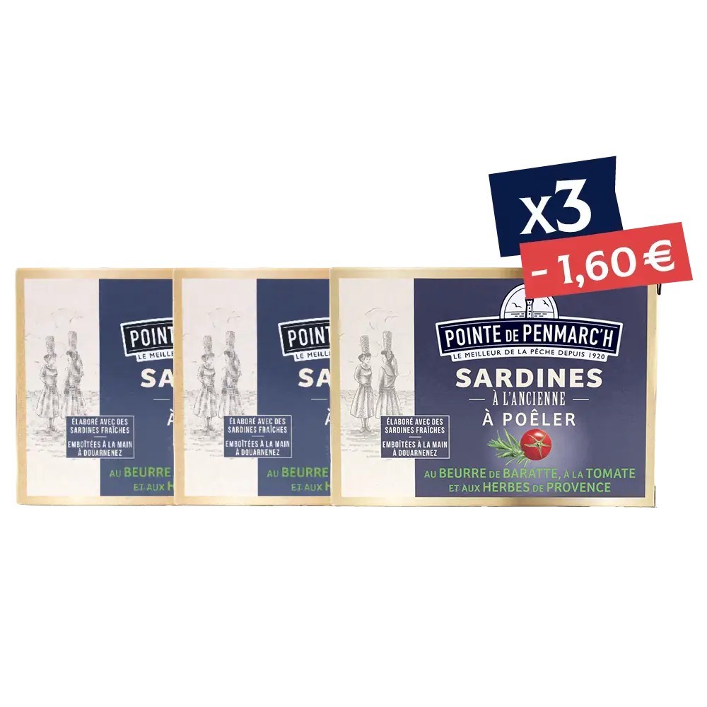 Sardines à poêler beurre tomate herbes en boîte de conserve - Lot de 3 - Promo | Pointe de Penmarc'h
