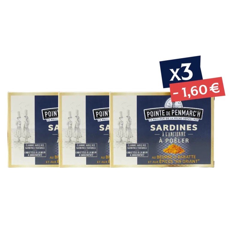 Sardines à l'ancienne à poêler au beurre de baratte et aux épices an oriant - le lot de 3 boîtes de 115 g
