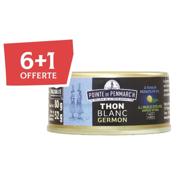 Thon blanc germon à l'huile d'olive à teneur réduite en sel - le lot de 7 boîtes de 80 g
