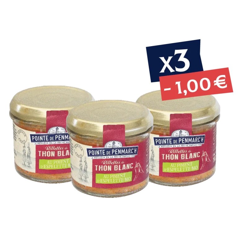 Rillettes de thon blanc à la purée de piment d'Espelette BIO - le lot de 3 verrines de 100 g