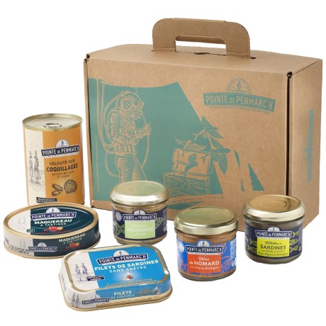 Coffret valisette cartonnée de conserve de poisson, sardines, maquereaux, saumon | Pointe de Penmarc'h