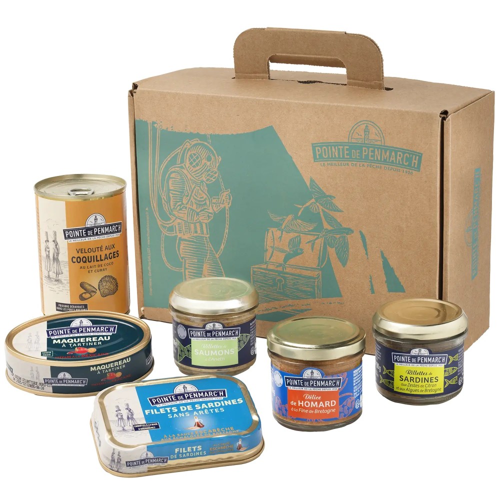 Coffret valisette cartonnée de conserve de poisson, sardines, maquereaux, saumon | Pointe de Penmarc'h
