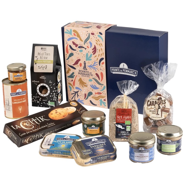 Coffret cadeau spécialités bretonnes, conserve de poisson en boîte, verrine et biscuit sucré | Pointe de Penmarc'h
