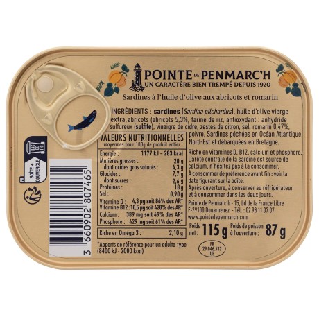 Sardines à l'huile d'olive en boîte de conserve, abricot et romarin | Pointe de Penmarc'h