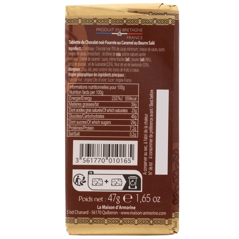 Mini tablette chocolat noir au Salidou 47 g, Maison d’Armorine | Pointe de Penmarc'h