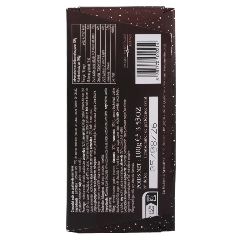 Chocolat noir au praliné de sarrasin - la tablette de 100 g
