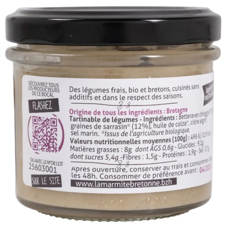 Tartinable bio sarrasin et betteraves Chioggia en verrine de 100 g La Marmite Bretonne | Pointe de Penmarc'h
