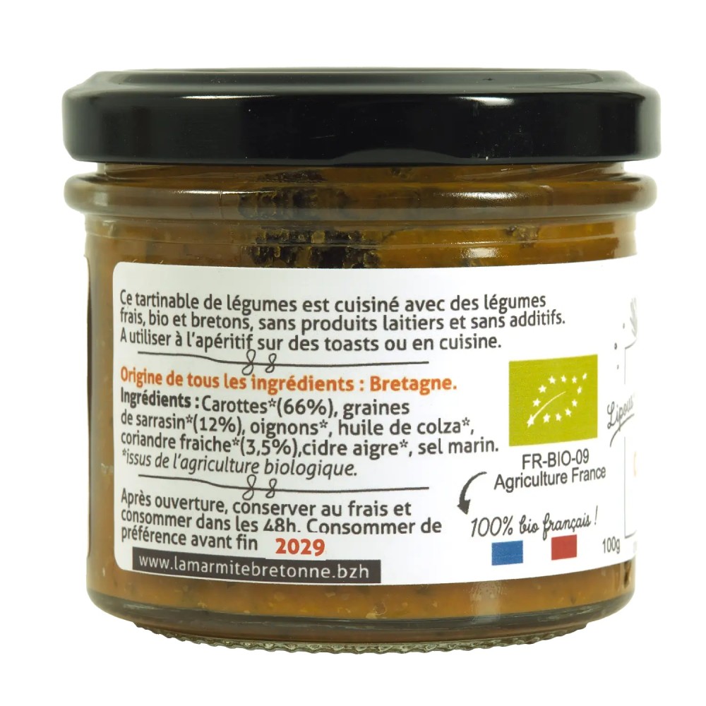 Tartinable bio au sarrasin, carottes et coriandre en verrine de 100 g | Pointe de Penmarc'h