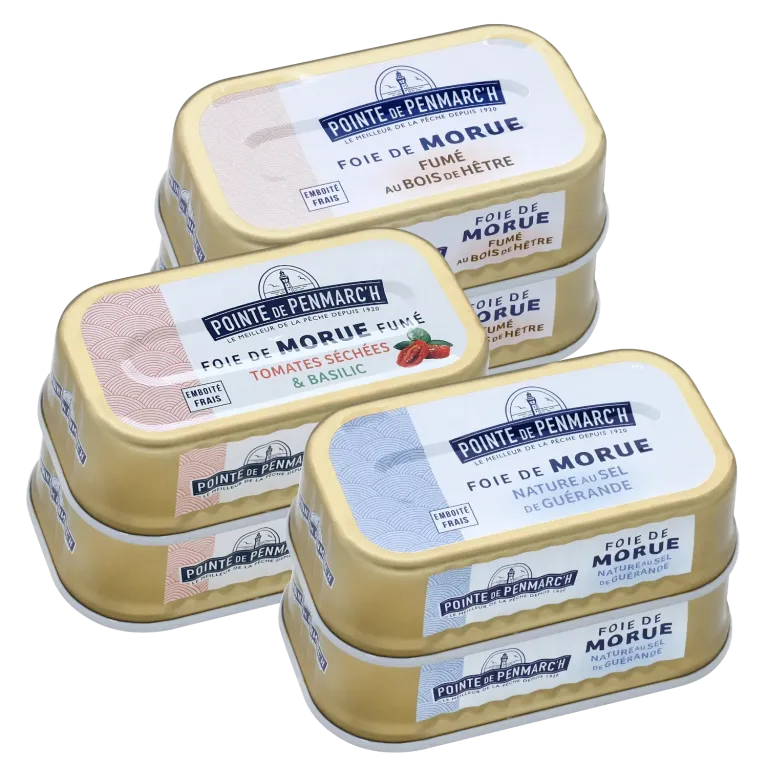 Assortiment de 6 foies de morue en boîte de conserve  | Pointe de Penmarc'h