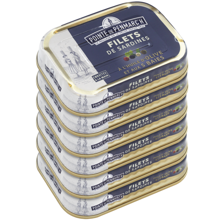 Filets de sardines à l'huile d'olive et aux 5 baies - le lot de 6 boîtes de 100 g