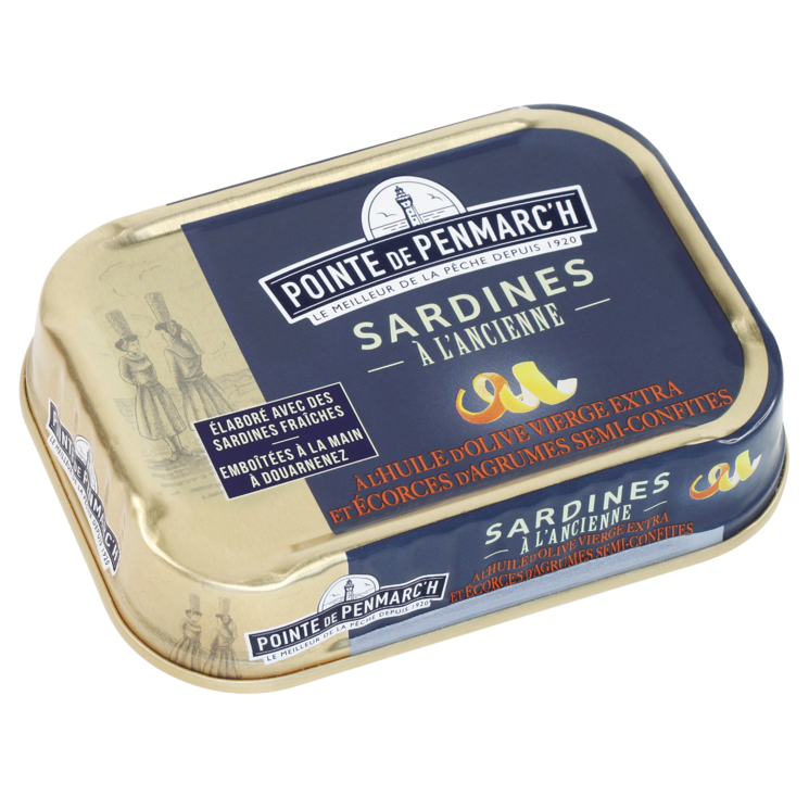 Sardines à l'ancienne à l'huile d'olive et écorces d'agrumes semi-confites - la boîte de 115 g