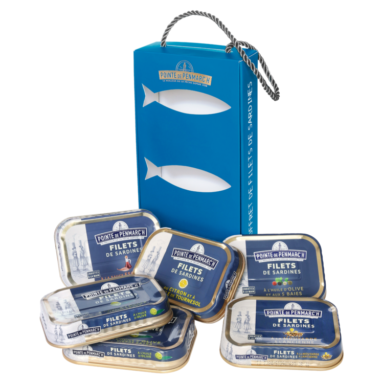 Le coffret cordelette bleu de filets de sardines panachées - assortiment de 6 produits de 100 g