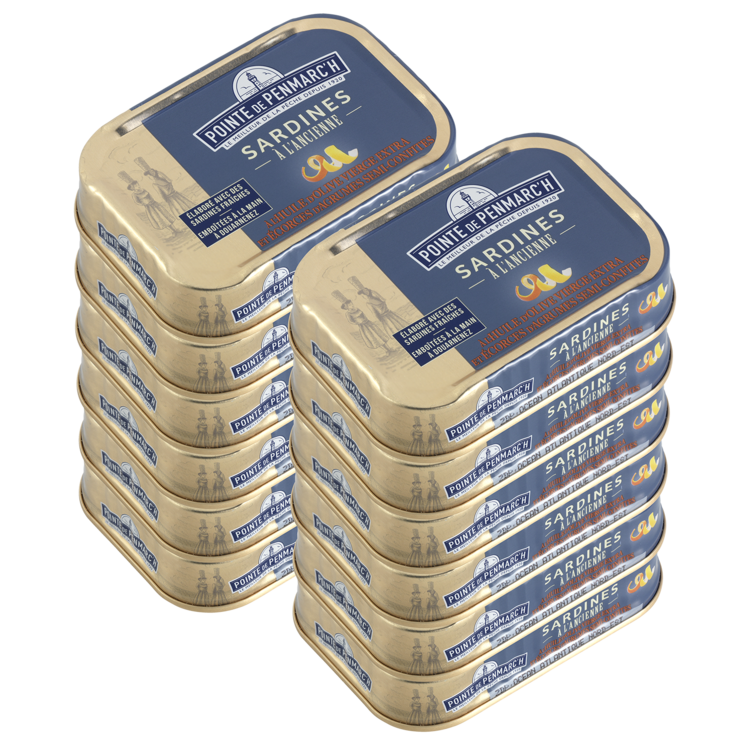 Sardines à l'ancienne à l'huile d'olive et écorces d'agrumes semi-confites - le lot de 12 boîtes de 115 g