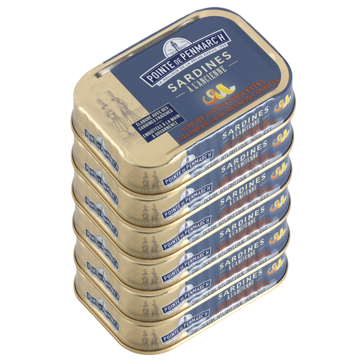 Sardines à l'ancienne à l'huile d'olive et écorces d'agrumes semi-confites - le lot de 6 boîtes de 115 g