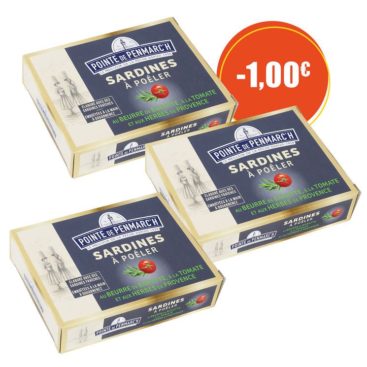 Sardines à l'ancienne à poêler au beurre de Baratte, à la tomate et aux herbes de Provence - le lot de 3 boîtes de 115 g