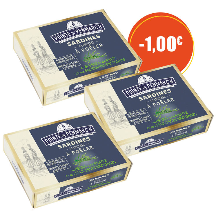 Sardines à l'ancienne à poêler au beurre de baratte breton et salicornes de Bretagne - le lot de 3 boîtes de 115 g
