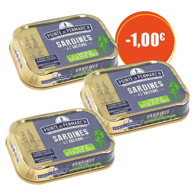 Sardines à l'ancienne à l'huile d'olive vierge extra BIO - le lot de 3 boîtes de 115 g